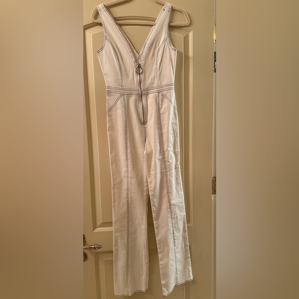 Tiger Mist Ava Denim White Jumpsuit with Black Stitching